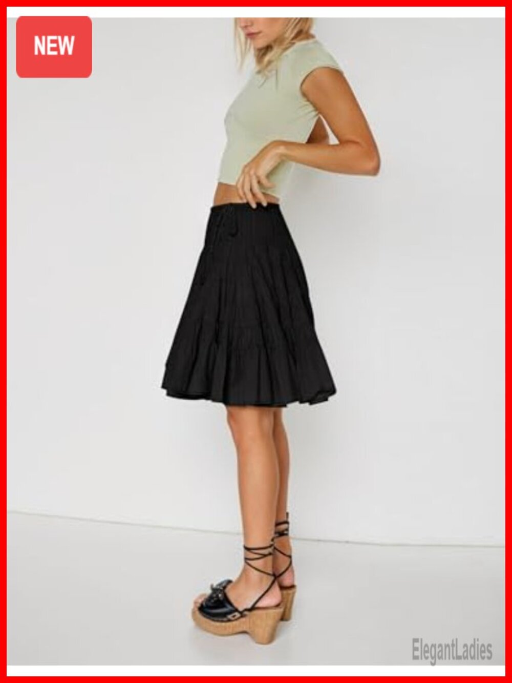 Womens Tiered Boho Pleated Drawstring Waist Knee Length Flowy Midi Skirt - Picture 2 of 3
